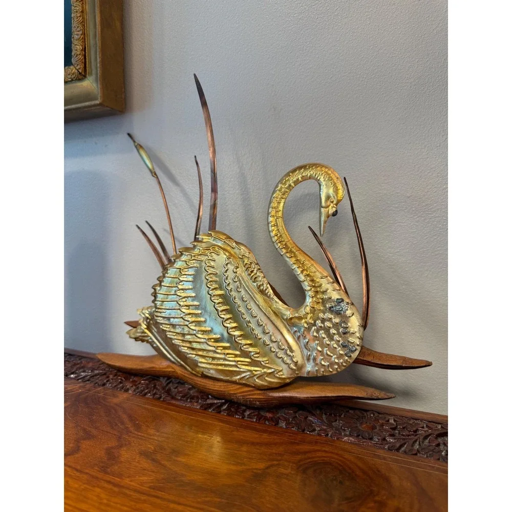 Vintage Brass Swan Wall Hanging • Mid Century Modern Bird Art